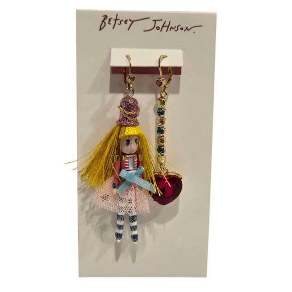 New Betsey Johnson Drop Earrings Mismatched Gold Tone Nutcracker Girl - Picture 1 of 3
